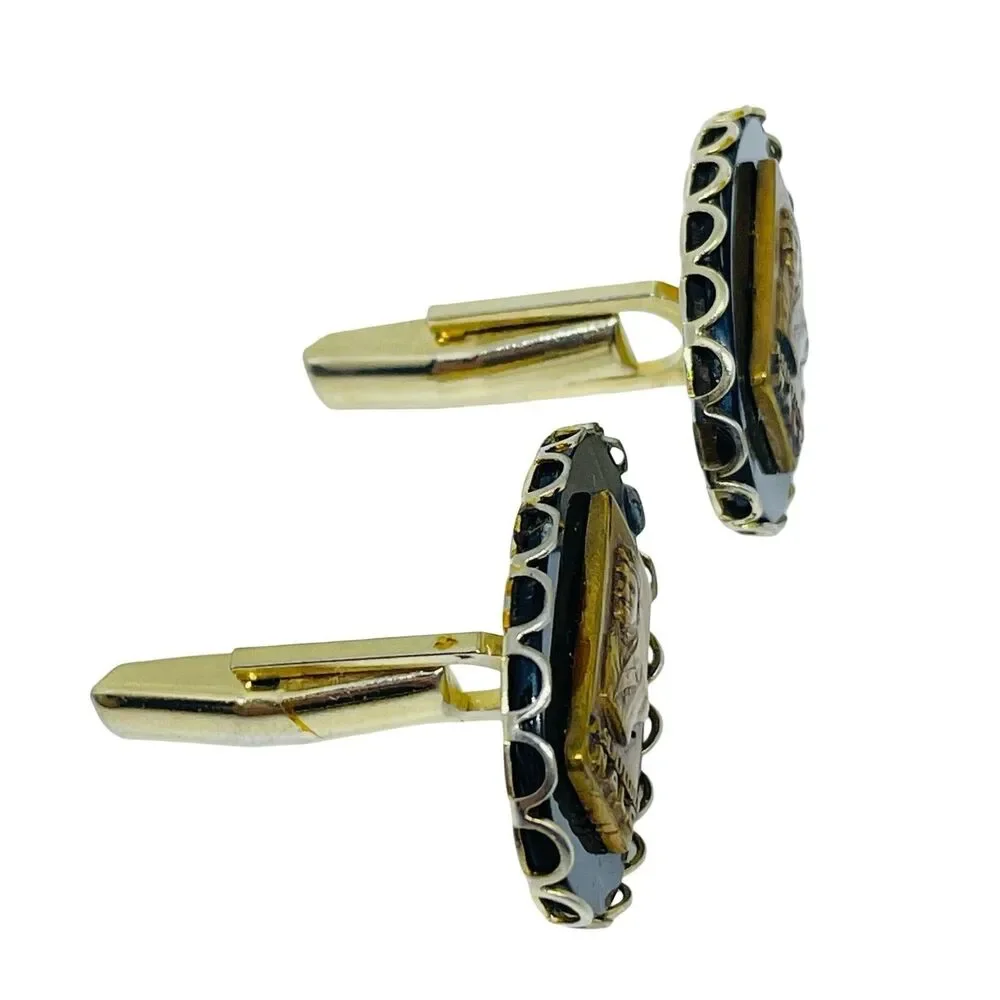 Vintage gold tone black glass A SENEFELDER N.A.L.C. tie clip cufflinks set